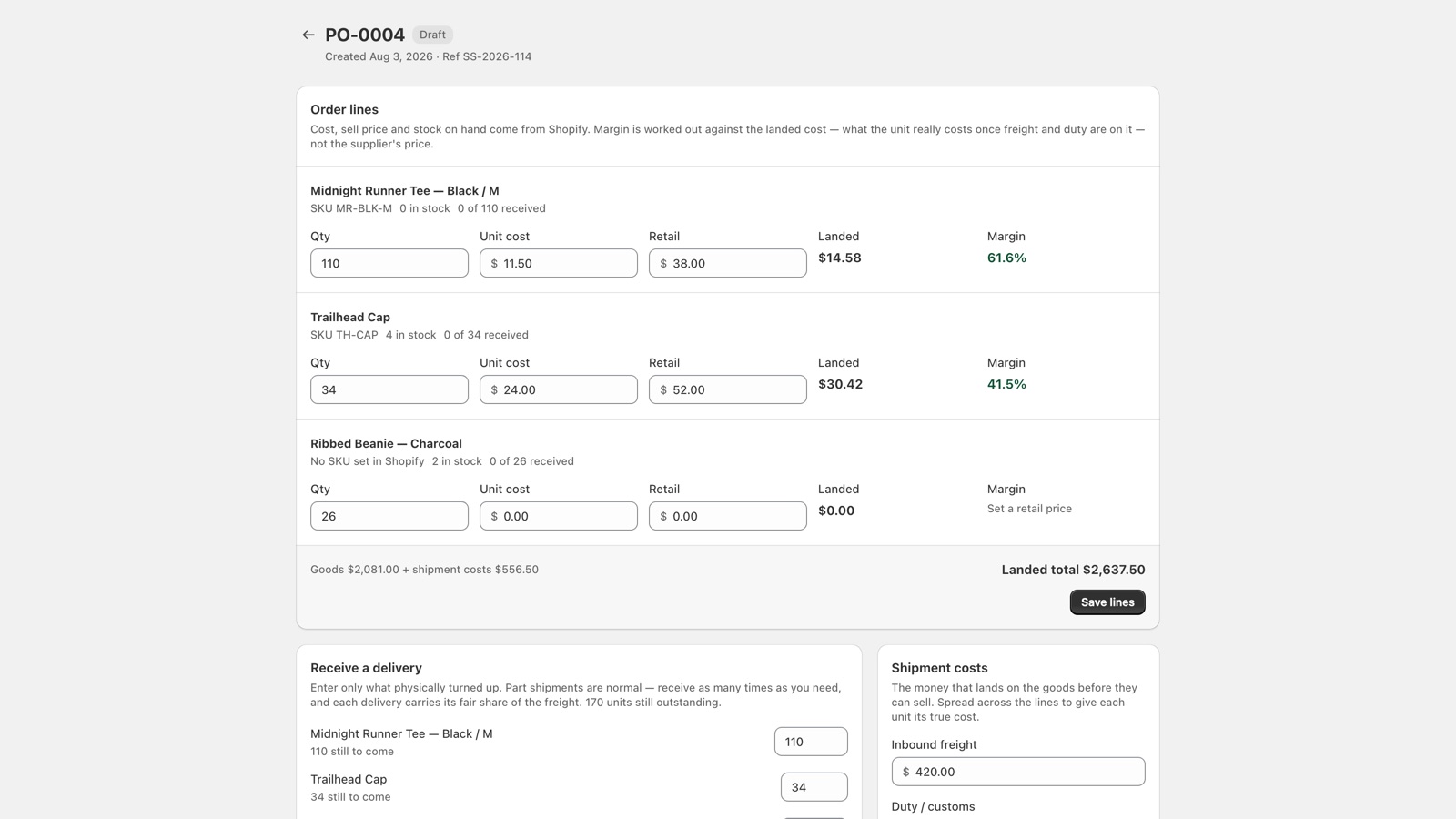 A purchase order in RestockRadar showing unit cost, retail price, landed cost and margin for every line