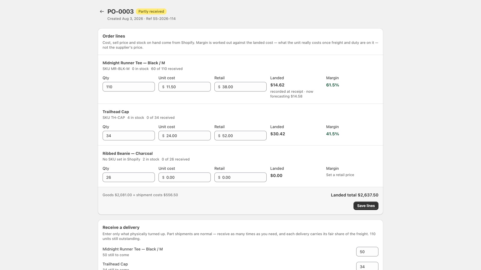 A part-received purchase order with a delivery log and outstanding units