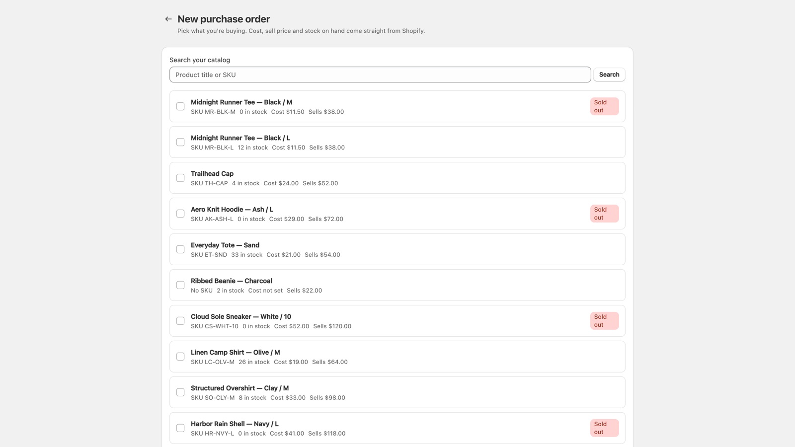 Building a purchase order by picking products from the store catalog